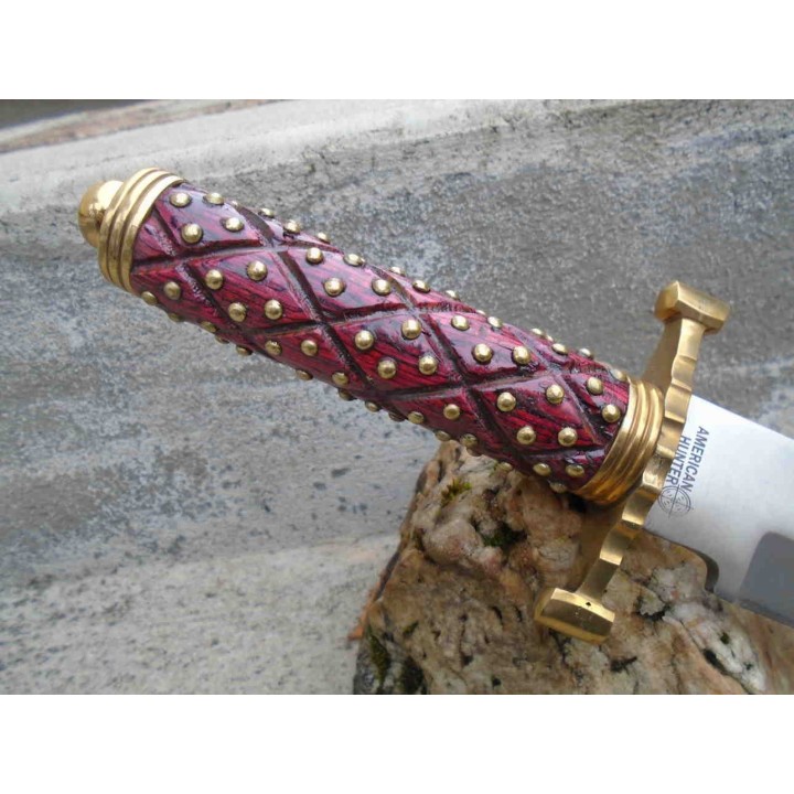 Poignard Couteau American Hunter Lame Acier Carbone Manche Bois Façon Médiéval Etui Cuir AH024 - Livraison Gratuite