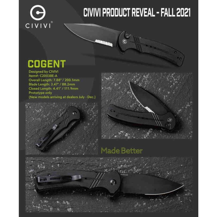 Couteau CIVIVI Cogent Black Button Lock Manche G10 Lame Acier 14C28N Part Serr IKBS Clip CIVC20038E1 - Livraison Gratuite