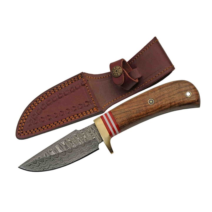 Couteau Damas Hunter Walnut Lame 256 Couches Manche Noyer Etui Cuir DM1287 - Livraison Gratuite