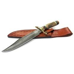 Couteau Bowie de Chasse Lame en DAMAS 128 couches Manche en Bois de Cerf DM1032 - Livraison Gratuite