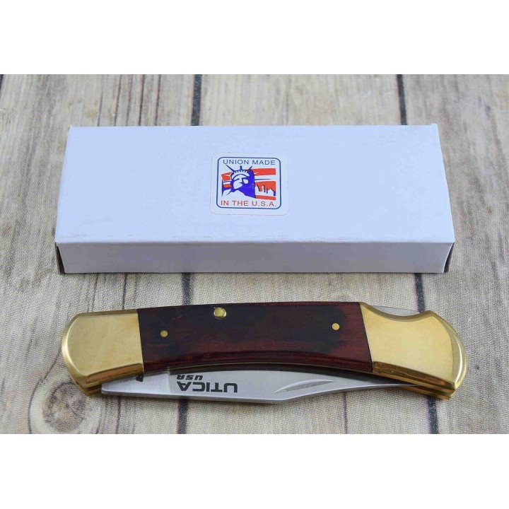 Couteau UTICA Original II Lame Acier Carbone Manche Bois Lockback Made USA UTK1117101CP - Livraison Gratuite