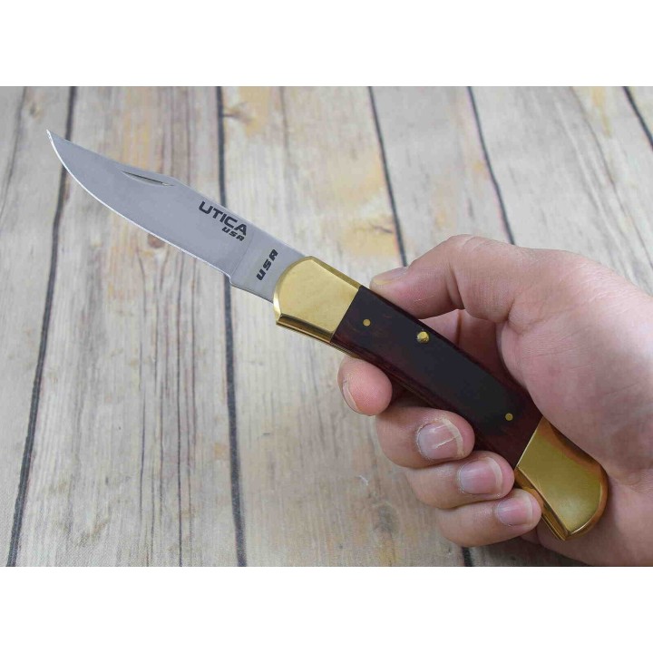 Couteau UTICA Original II Lame Acier Carbone Manche Bois Lockback Made USA UTK1117101CP - Livraison Gratuite