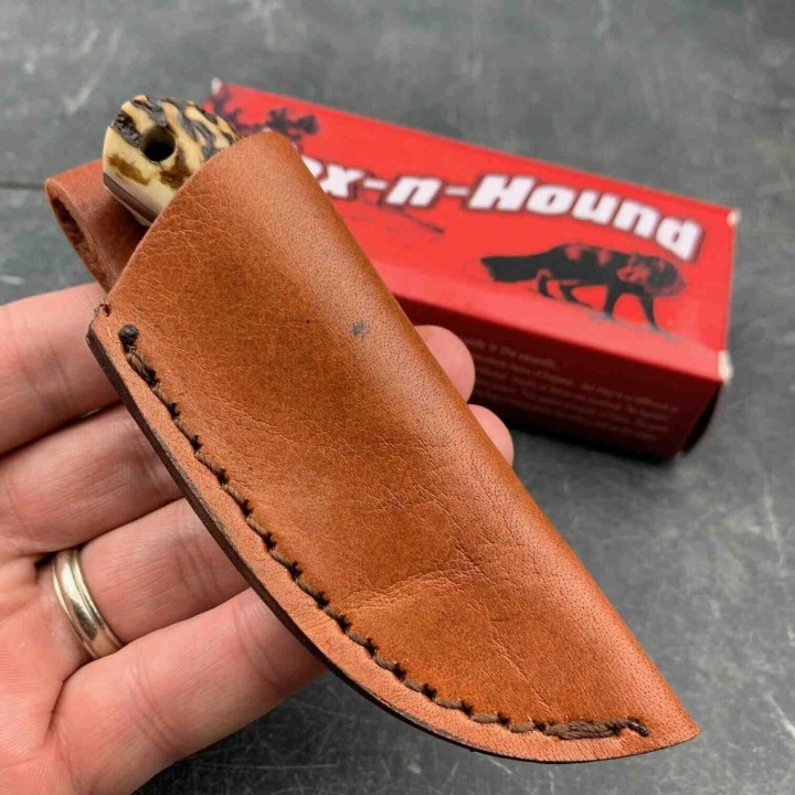 Couteau Damas Mini Skinner Lame Damas 256 Couches Manche Os Etui Cuir Fox-N-Hound FH121 - Livraison Gratuite