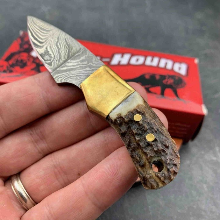 Couteau Damas Mini Skinner Lame Damas 256 Couches Manche Os Etui Cuir Fox-N-Hound FH121 - Livraison Gratuite