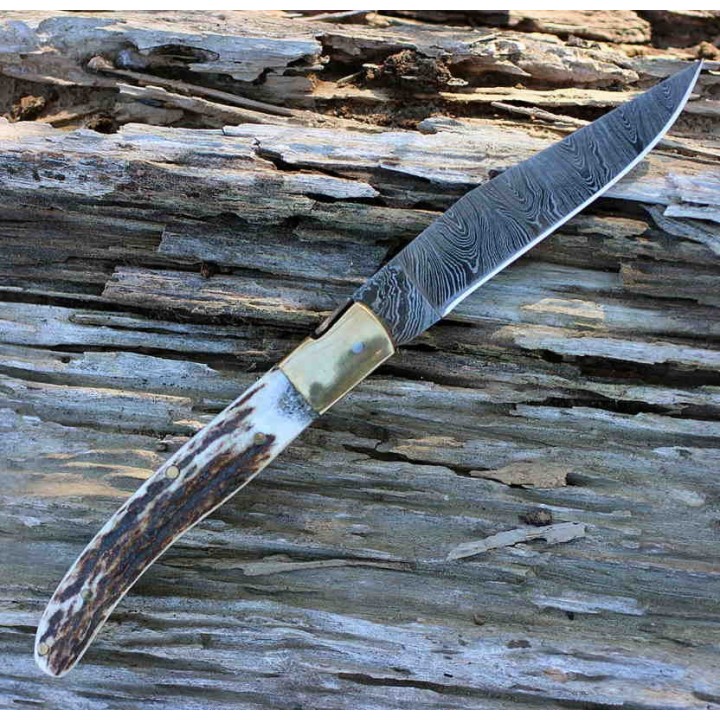 Couteau Damas Façon Laguiole Lame 128 Couches Manche Bois de Cerf Etui Cuir DM1087 - Livraison Gratuite