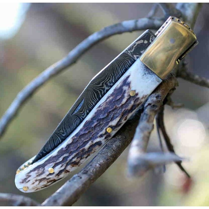 Couteau Damas Façon Laguiole Lame 128 Couches Manche Bois de Cerf Etui Cuir DM1087 - Livraison Gratuite