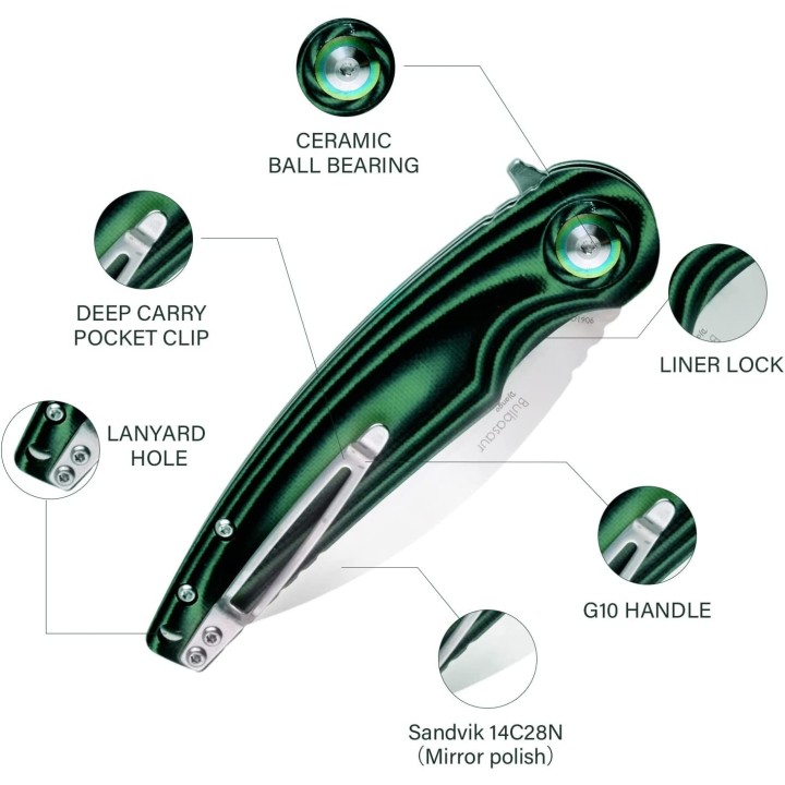 Couteau Shieldon Bulbasaur Lame Sandvik 14C28N Manche G10 IKBS Linerlock Clip SHI9061GM - Livraison Gratuite