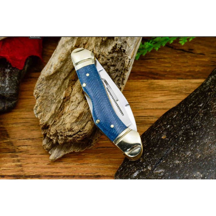 Couteau Rough Ryder Dogleg Canoe Denim Manche Micarta 2 Lames Carbone T10 RR2189 - Livraison Gratuite