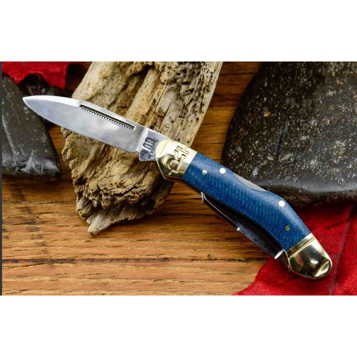 Couteau Rough Ryder Dogleg Canoe Denim Manche Micarta 2 Lames Carbone T10 RR2189 - Livraison Gratuite