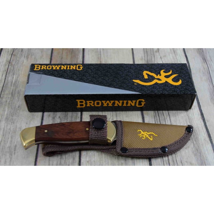 Couteau Skinner Browning Lame Acier Inox Manche Bois Etui Nylon BR0378 - Livraison Gratuite