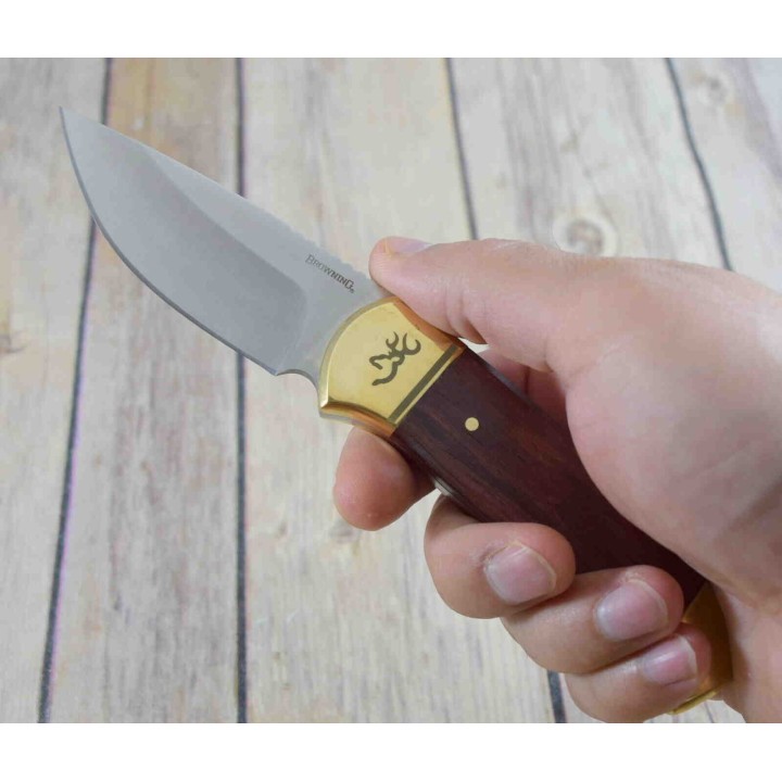 Couteau Skinner Browning Lame Acier Inox Manche Bois Etui Nylon BR0378 - Livraison Gratuite