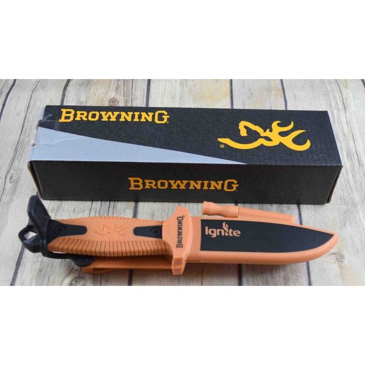 Couteau de Survie Browning Ignite 2 Orange Lame Acier 7Cr17MoV Manche Polymère Etui Polymère BR0334 - Livraison Gratuite