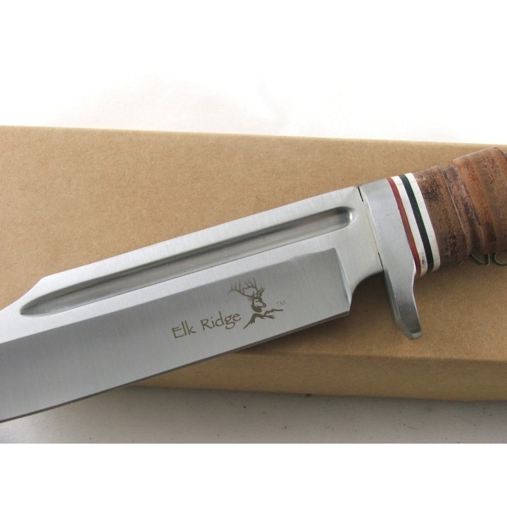 ER047 - COUTEAU BOWIE DE CHASSE MANCHE CUIR ELK RIDGE 
