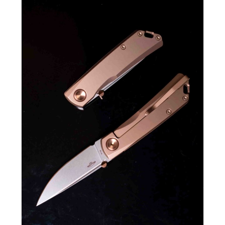 Couteau Real Steel Luna ECO Bronze Lame Acier K110 Manche Acier Framelock Clip RS7084 - Livraison Gratuite