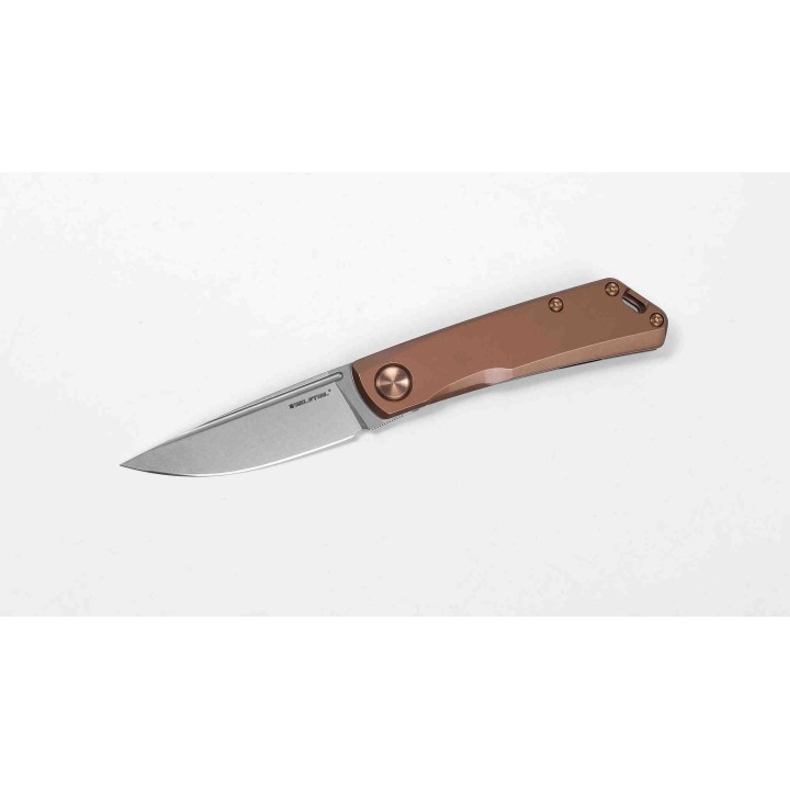 Couteau Real Steel Luna ECO Bronze Lame Acier K110 Manche Acier Framelock Clip RS7084 - Livraison Gratuite