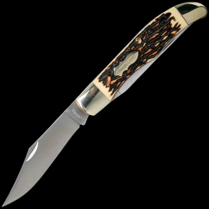 Couteau Schrade Folding Bowie Manche Staglon 2 Lames 7Cr17MoV Etui Cuir SCH1135997 - Livraison Gratuite