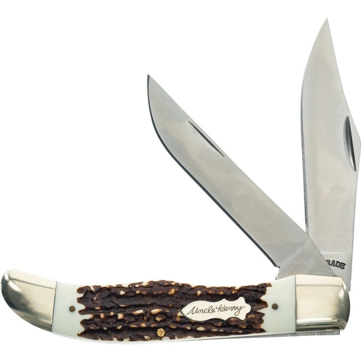 Couteau Schrade Folding Bowie Manche Staglon 2 Lames 7Cr17MoV Etui Cuir SCH1135997 - Livraison Gratuite