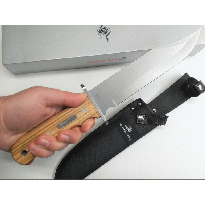 Couteau Bowie Winchester Double Barrel Zebra Wood Lame Acier 7Cr17MoV Manche Bois Etui Nylon G3435 - Livraison Gratuite
