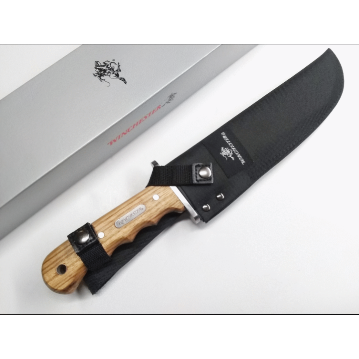 Couteau Bowie Winchester Double Barrel Zebra Wood Lame Acier 7Cr17MoV Manche Bois Etui Nylon G3435 - Livraison Gratuite