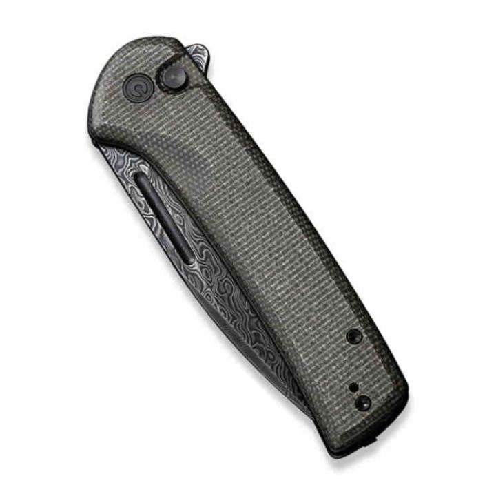 Couteau CIVIVI Conspirator Dark Green Manche Micarta Lame Acier Damas IKBS Button Lock Clip CIVC21006DS1 - Livraison Gratuite