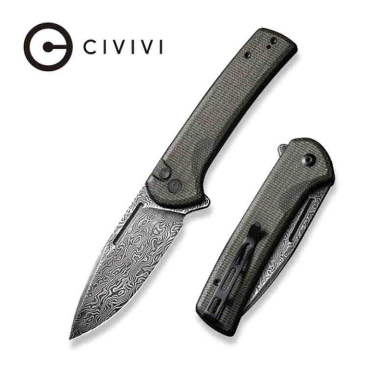 Couteau CIVIVI Conspirator Dark Green Manche Micarta Lame Acier Damas IKBS Button Lock Clip CIVC21006DS1 - Livraison Gratuite