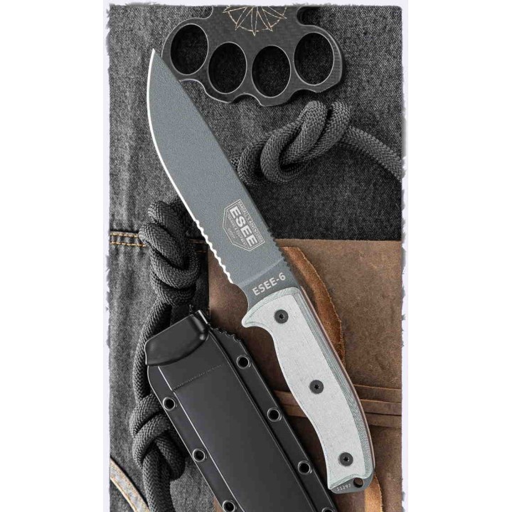Couteau Esee Model 6 Lame Acier Carbone 1095 Manche Micarta Etui Kydex Made In USA ES6STG - LIVRAISON GRATUITE