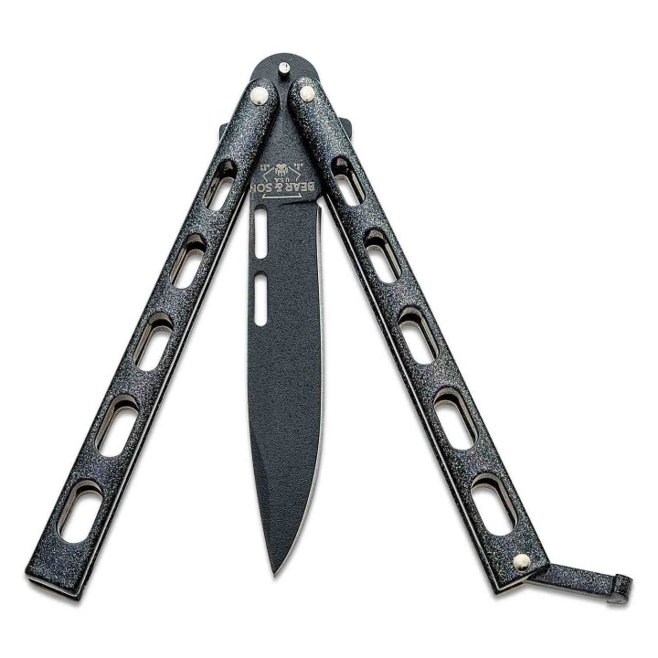 Couteau Papillon Balisong Butterfly Bear & Son Galaxy Carbon 1095 Manche Acier Made USA BC115GX - Livraison Gratuite