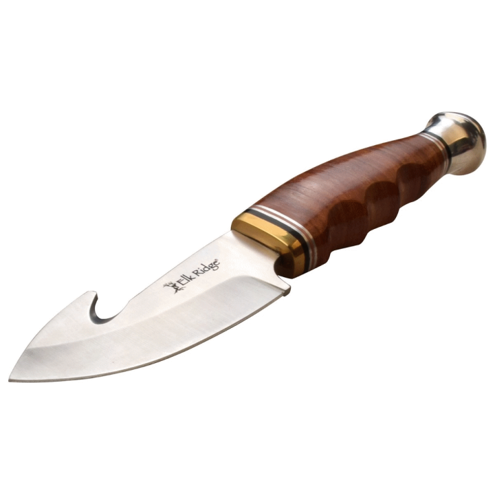 Couteau de Chasse Elk Ridge Outskirt Guthook Lame Acier 8Cr13MoV Manche & Etui Cuir ER20029LBR - Livraison Gratuite