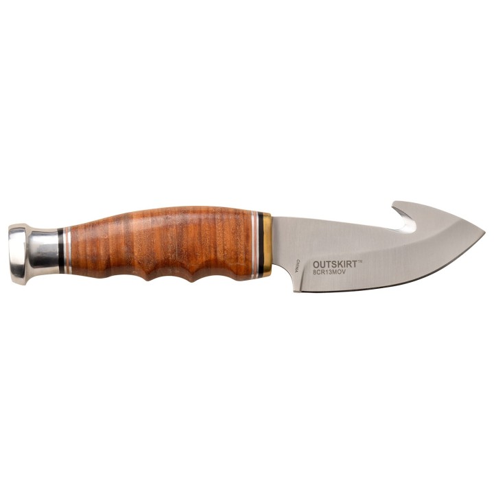 Couteau de Chasse Elk Ridge Outskirt Guthook Lame Acier 8Cr13MoV Manche & Etui Cuir ER20029LBR - Livraison Gratuite