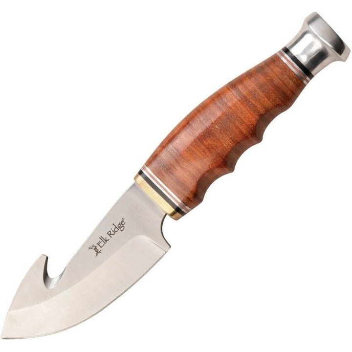 Couteau de Chasse Elk Ridge Outskirt Guthook Lame Acier 8Cr13MoV Manche & Etui Cuir ER20029LBR - Livraison Gratuite