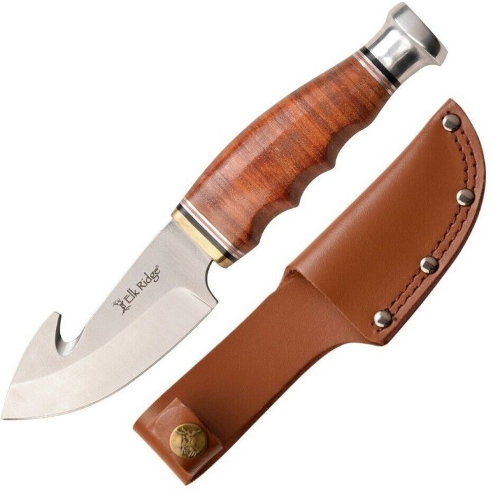 Couteau de Chasse Elk Ridge Outskirt Guthook Lame Acier 8Cr13MoV Manche & Etui Cuir ER20029LBR - Livraison Gratuite