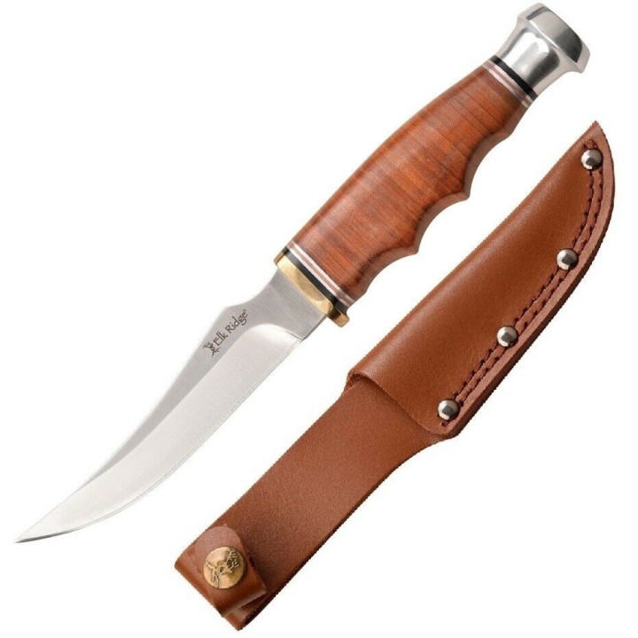 Couteau de Chasse Elk Ridge Outskirt Skinner Lame Acier 8Cr13MoV Manche & Etui Cuir ER20028LBR - Livraison Gratuite