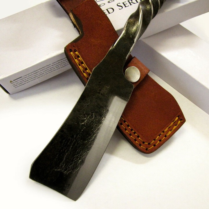 Couperet Fabrication Artisanal Forgé Dans un Clou de Rail Acier Carbone Etui Cuir PA4436 - Livraison Gratuite