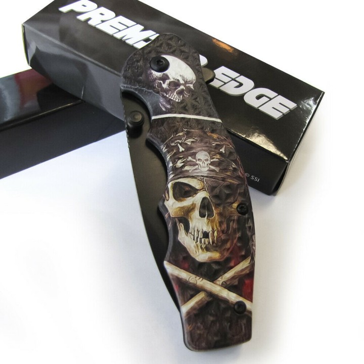 Lot de 3 Couteau Pirate Skull A/O Lame Acier Inox Manche ABS Linerlock Clip CN300502PR - Livraison Gratuite