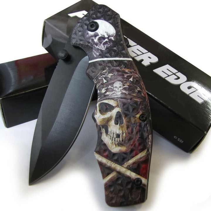 Lot de 3 Couteau Pirate Skull A/O Lame Acier Inox Manche ABS Linerlock Clip CN300502PR - Livraison Gratuite