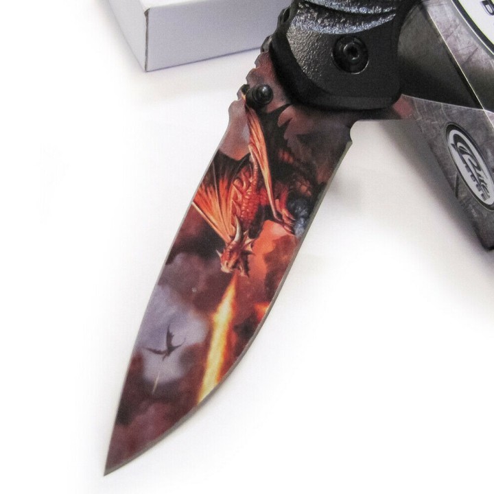 Lot de 3 Couteau Dragon Eye Lame Acier Inox Manche ABS Décor Dragon Linerlock Clip CN300504 - Livraison Gratuite