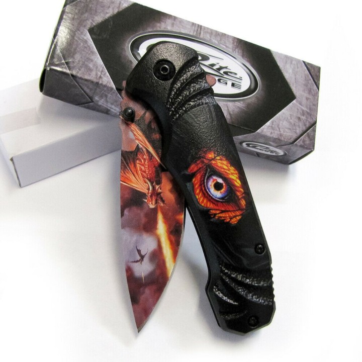 Lot de 3 Couteau Dragon Eye Lame Acier Inox Manche ABS Décor Dragon Linerlock Clip CN300504 - Livraison Gratuite