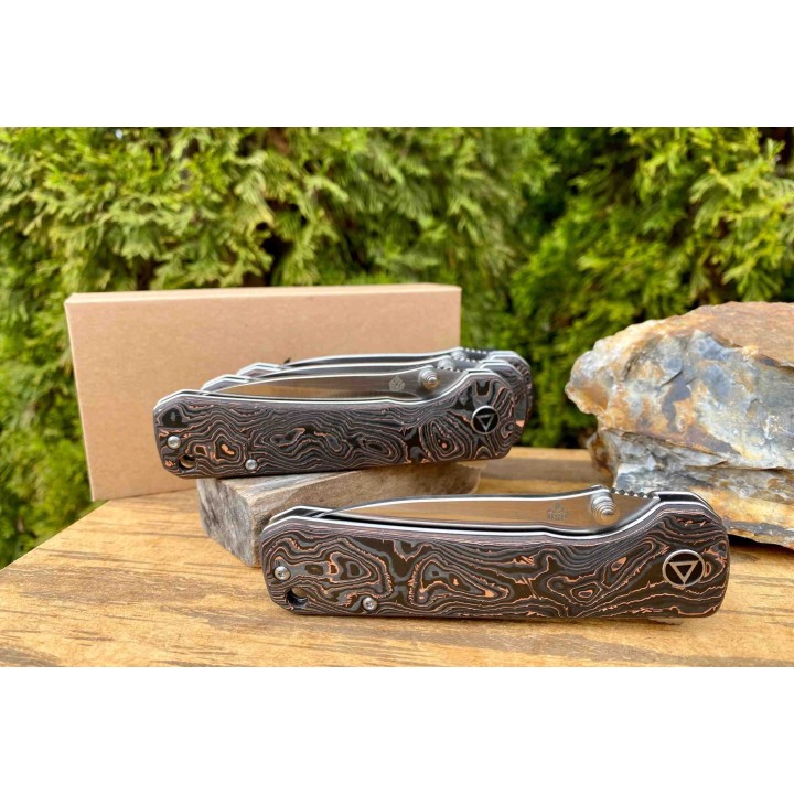 Couteau QSP Hawk Copper Foil Manche Fibre de Carbone/Cuivre Lame Acier S35VN IKBS Linerlock Clip QS131T - Livraison Gratuite