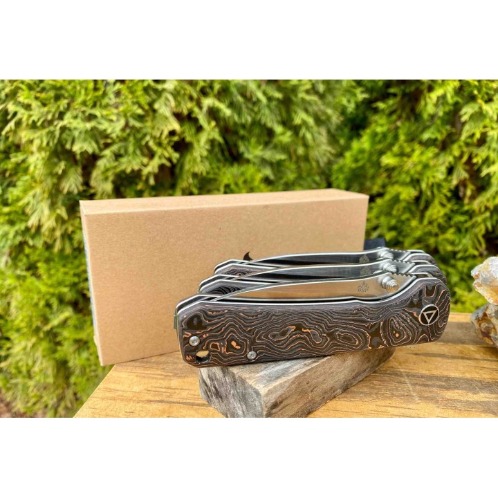Couteau QSP Hawk Copper Foil Manche Fibre de Carbone/Cuivre Lame Acier S35VN IKBS Linerlock Clip QS131T - Livraison Gratuite