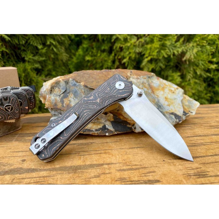 Couteau QSP Hawk Copper Foil Manche Fibre de Carbone/Cuivre Lame Acier S35VN IKBS Linerlock Clip QS131T - Livraison Gratuite