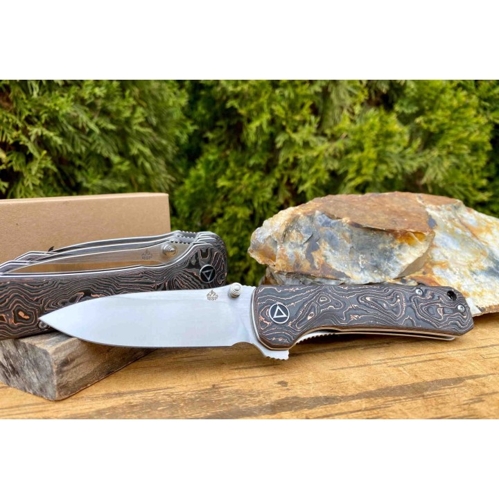 Couteau QSP Hawk Copper Foil Manche Fibre de Carbone/Cuivre Lame Acier S35VN IKBS Linerlock Clip QS131T - Livraison Gratuite