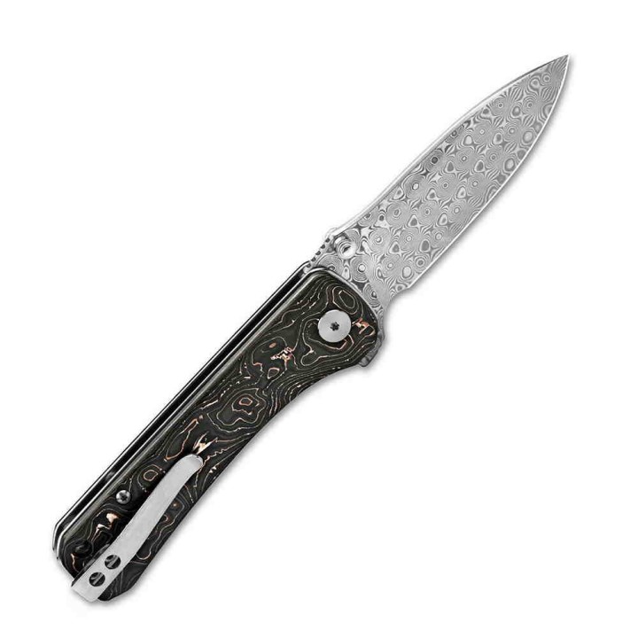 Couteau QSP Hawk Copper Foil Manche Fibre de Carbone/Cuivre Lame Acier Damas IKBS Linerlock Clip QS131S - Livraison Gratuite