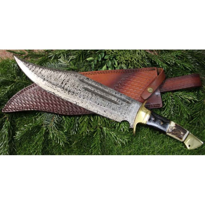Couteau Rough Ryder Bowie Damas Lame Acier 256 Couches Manche Bois de Cerf/Bois Etui Cuir RR2271 - Livraison Gratuite