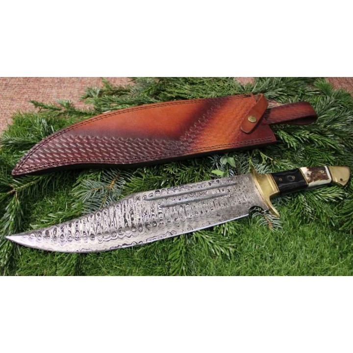 Couteau Rough Ryder Bowie Damas Lame Acier 256 Couches Manche Bois de Cerf/Bois Etui Cuir RR2271 - Livraison Gratuite