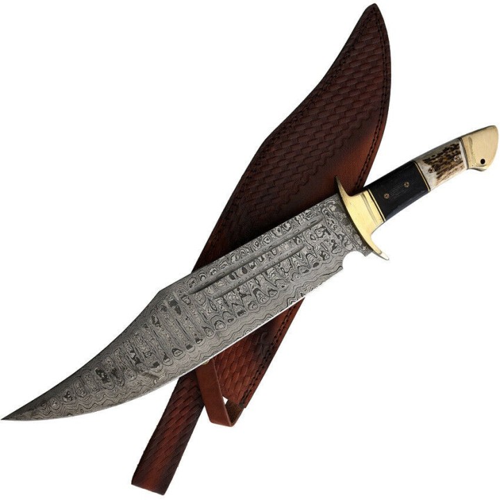 Couteau Rough Ryder Bowie Damas Lame Acier 256 Couches Manche Bois de Cerf/Bois Etui Cuir RR2271 - Livraison Gratuite