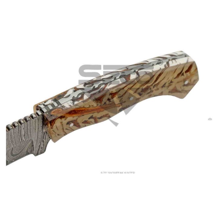 Couteau Damas Snowpeak Lame 256 Couches Manche Acrylique Etui Cuir DM1316 - Livraison Gratuite