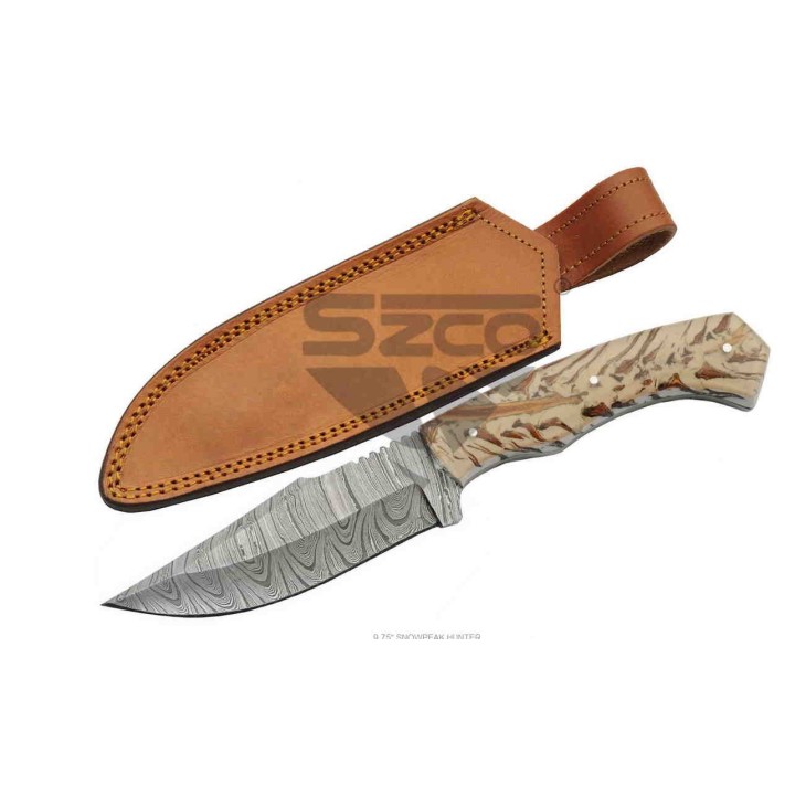 Couteau Damas Snowpeak Lame 256 Couches Manche Acrylique Etui Cuir DM1316 - Livraison Gratuite