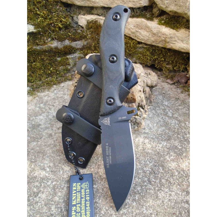 Couteau TOPS Silent Hero 4 Lame Acier Carbone 1095 Manche Micarta Etui Kydex Made USA TPHER0401 - Livraison Gratuite
