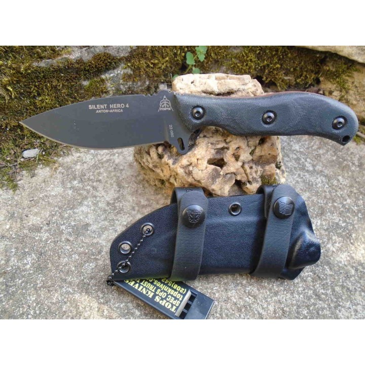 Couteau TOPS Silent Hero 4 Lame Acier Carbone 1095 Manche Micarta Etui Kydex Made USA TPHER0401 - Livraison Gratuite