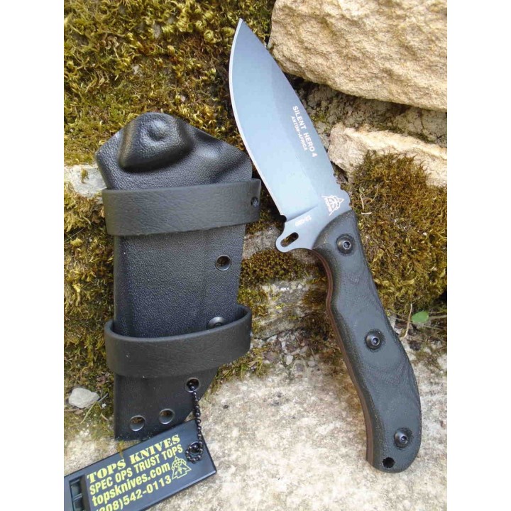 Couteau TOPS Silent Hero 4 Lame Acier Carbone 1095 Manche Micarta Etui Kydex Made USA TPHER0401 - Livraison Gratuite